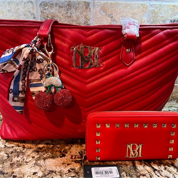 Bagley Mishka Quilted Chevron Tote Bag with Matching Wallet - Red